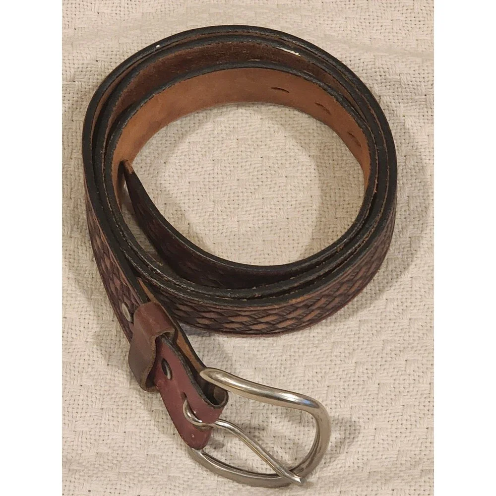 Brown Leather Belt Basket Weave Pattern Silver Buckle Good Usable Men 37